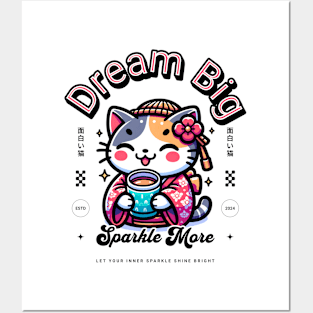 Dream Big, Sparkle more (cartoon kitty with cup) Posters and Art